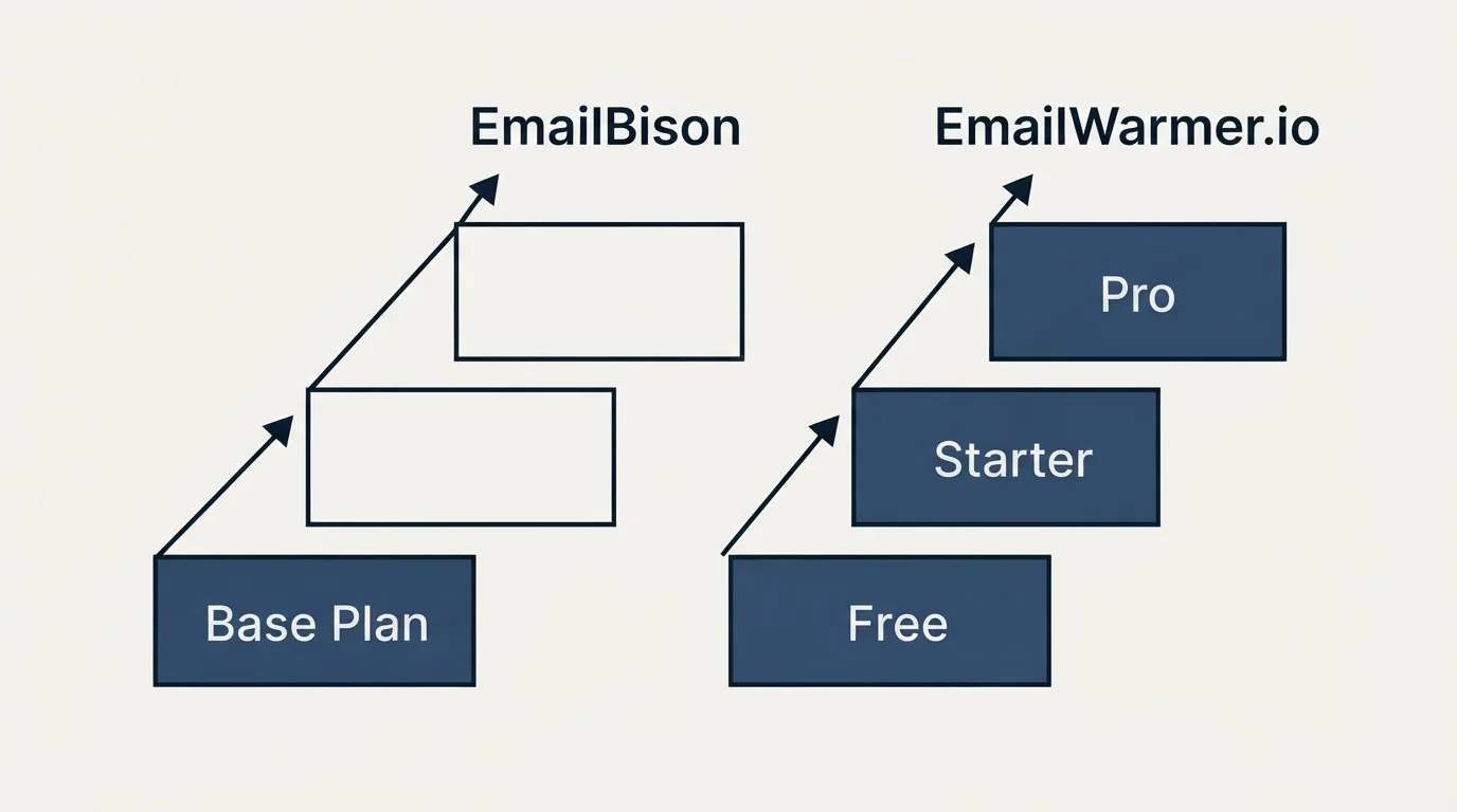 Pricing ladder: Pricing Comparison (EmailBison, EmailWarmer.io, Base Plan, Free)