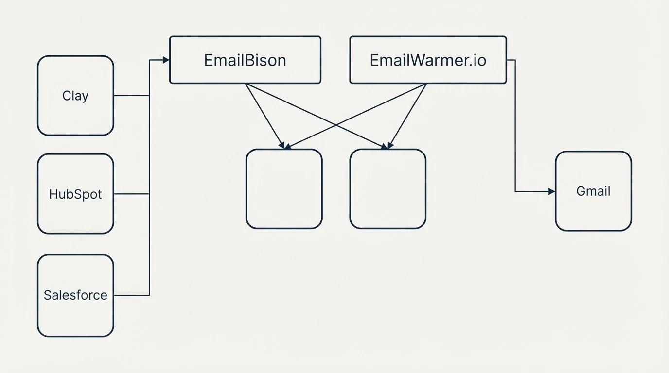 Integration grid: Integration Ecosystem (EmailBison, EmailWarmer.io, Clay, Gmail)