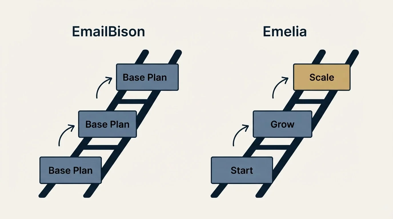 Pricing ladder: Pricing Comparison (EmailBison, Emelia, Base Plan, Start)