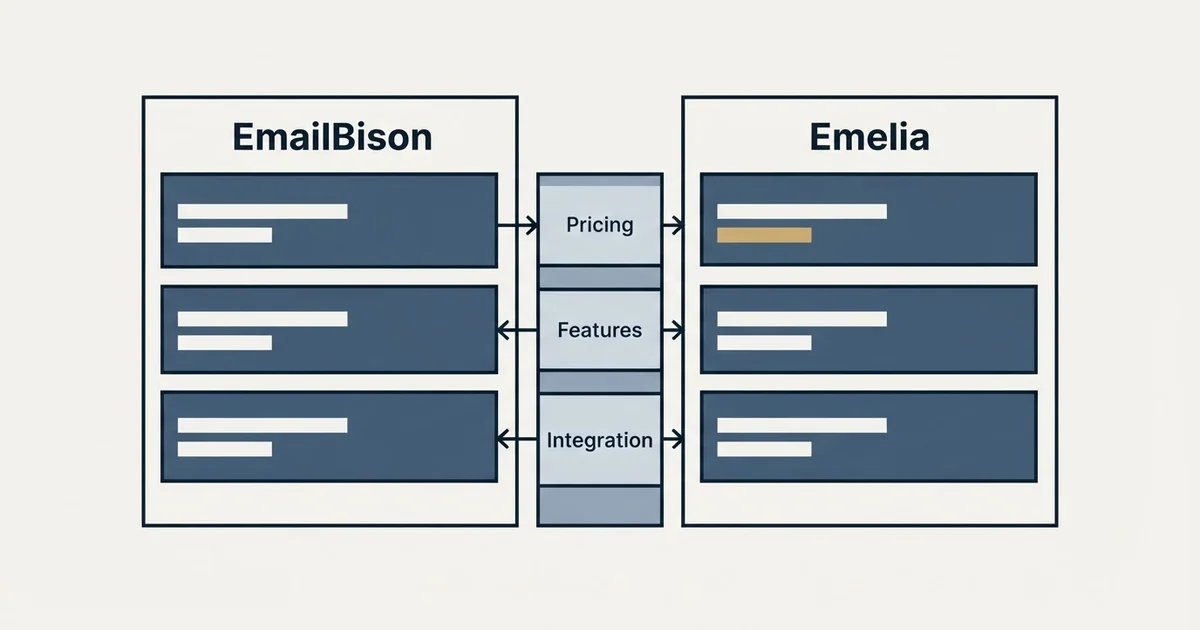 Comparison panel: EmailBison vs Emelia (Pricing, Features, Integration)