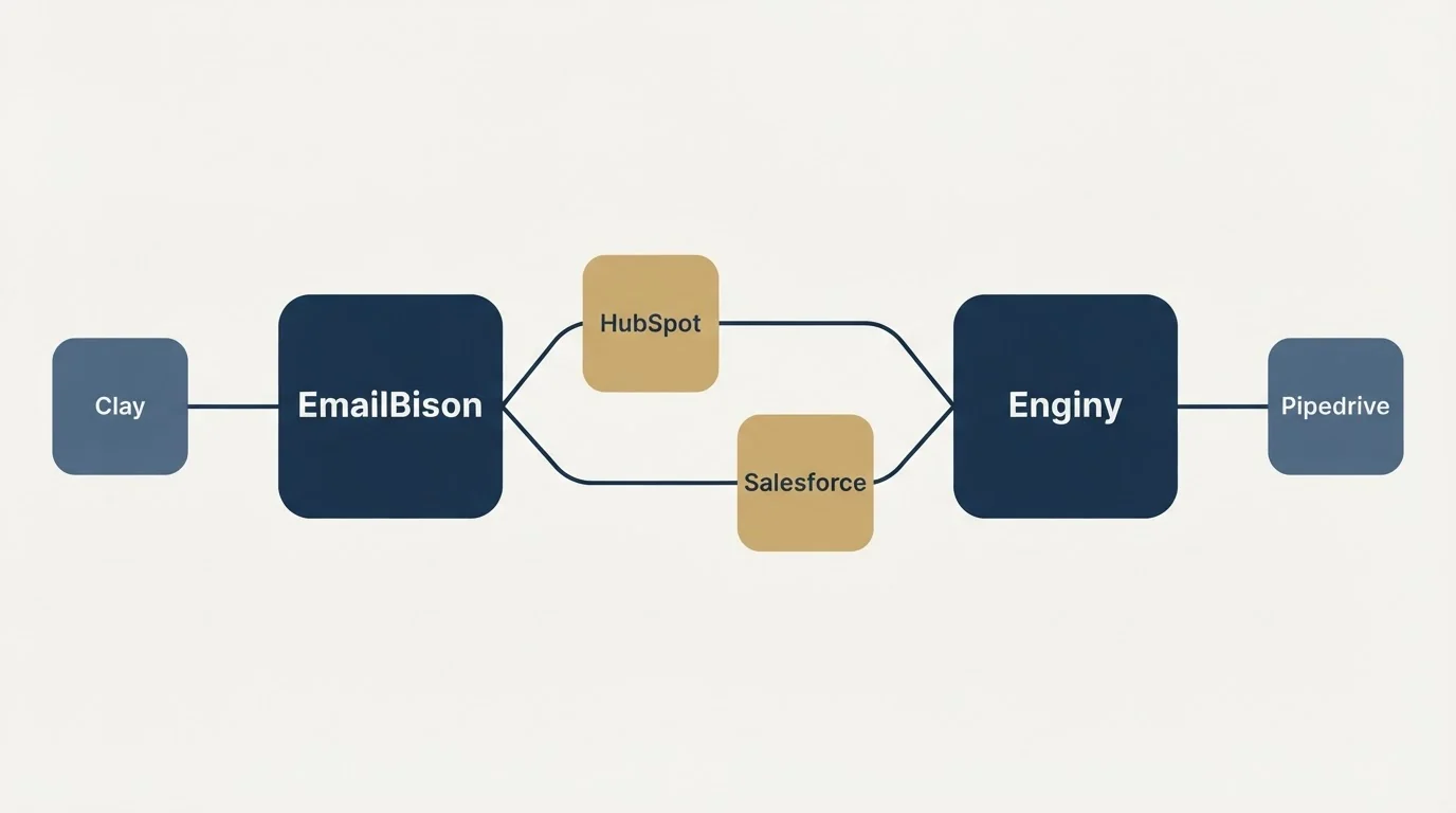 Integration schematic: Integration Ecosystem (EmailBison, Enginy, HubSpot, Salesforce)