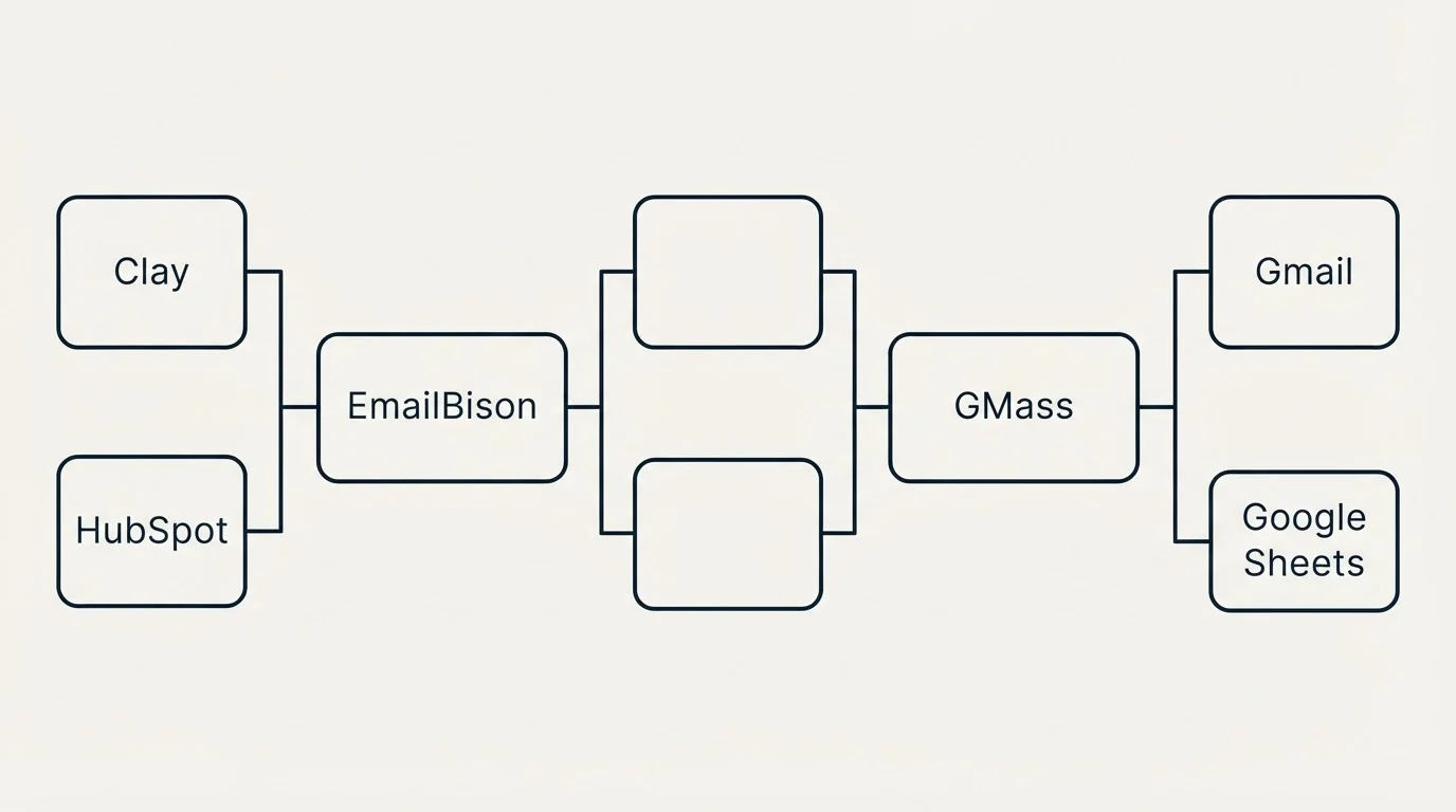 Integration flow: Integration Ecosystem (EmailBison, GMass, Clay, Gmail)