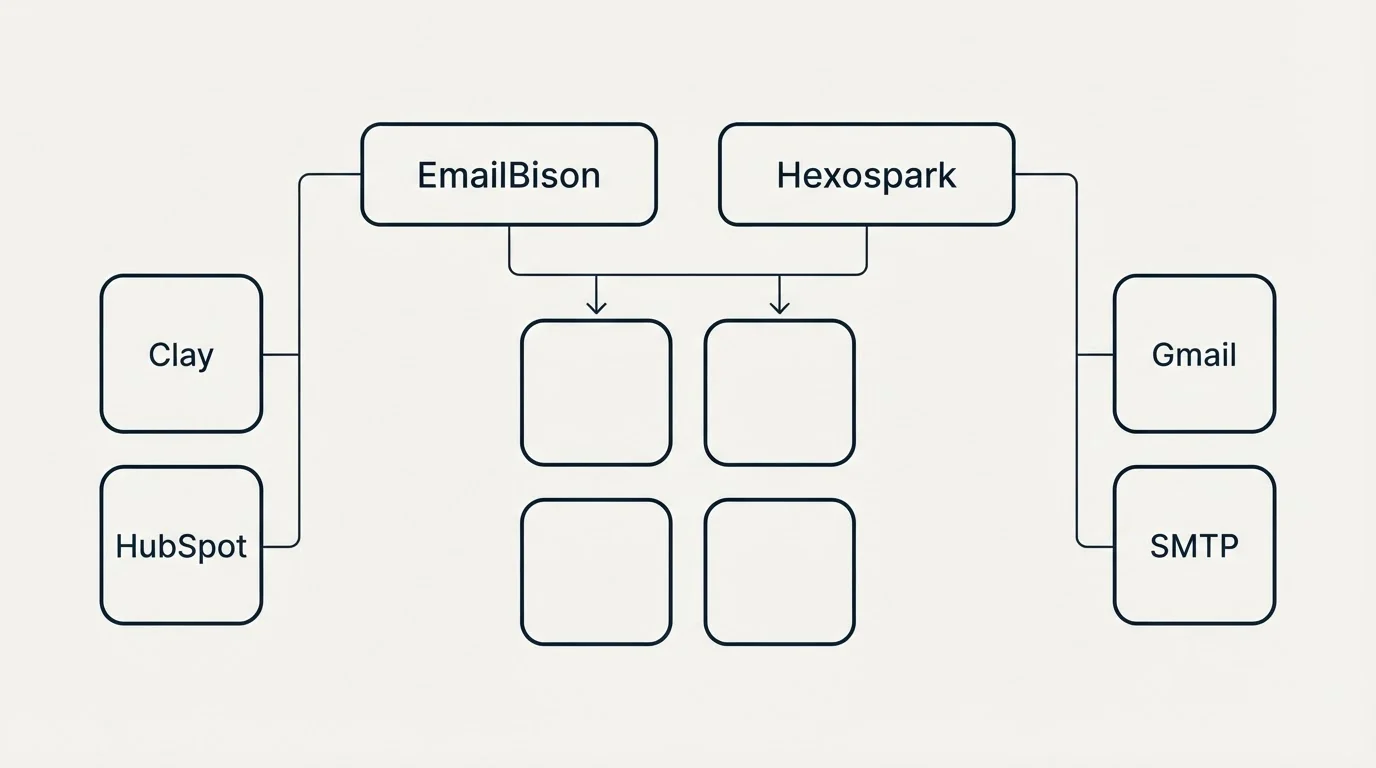 Integration grid: Integration Ecosystem (EmailBison, Hexospark, Clay, Gmail)