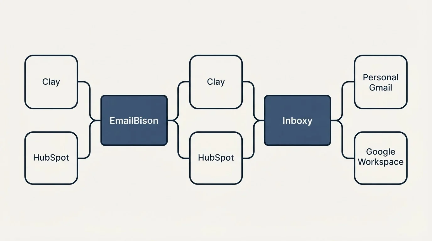 Integration schematic: Integration Ecosystem (EmailBison, Inboxy, Clay, Personal Gmail)