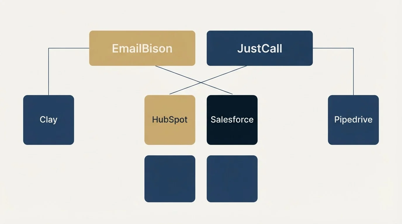 Integration grid: Integration Ecosystem (EmailBison, JustCall, HubSpot, Salesforce)