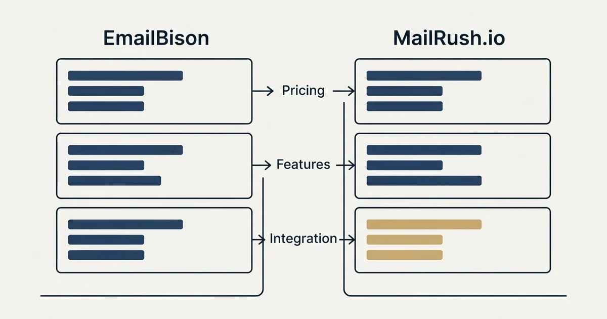 Comparison panel: EmailBison vs MailRush.io (Pricing, Features, Integration)