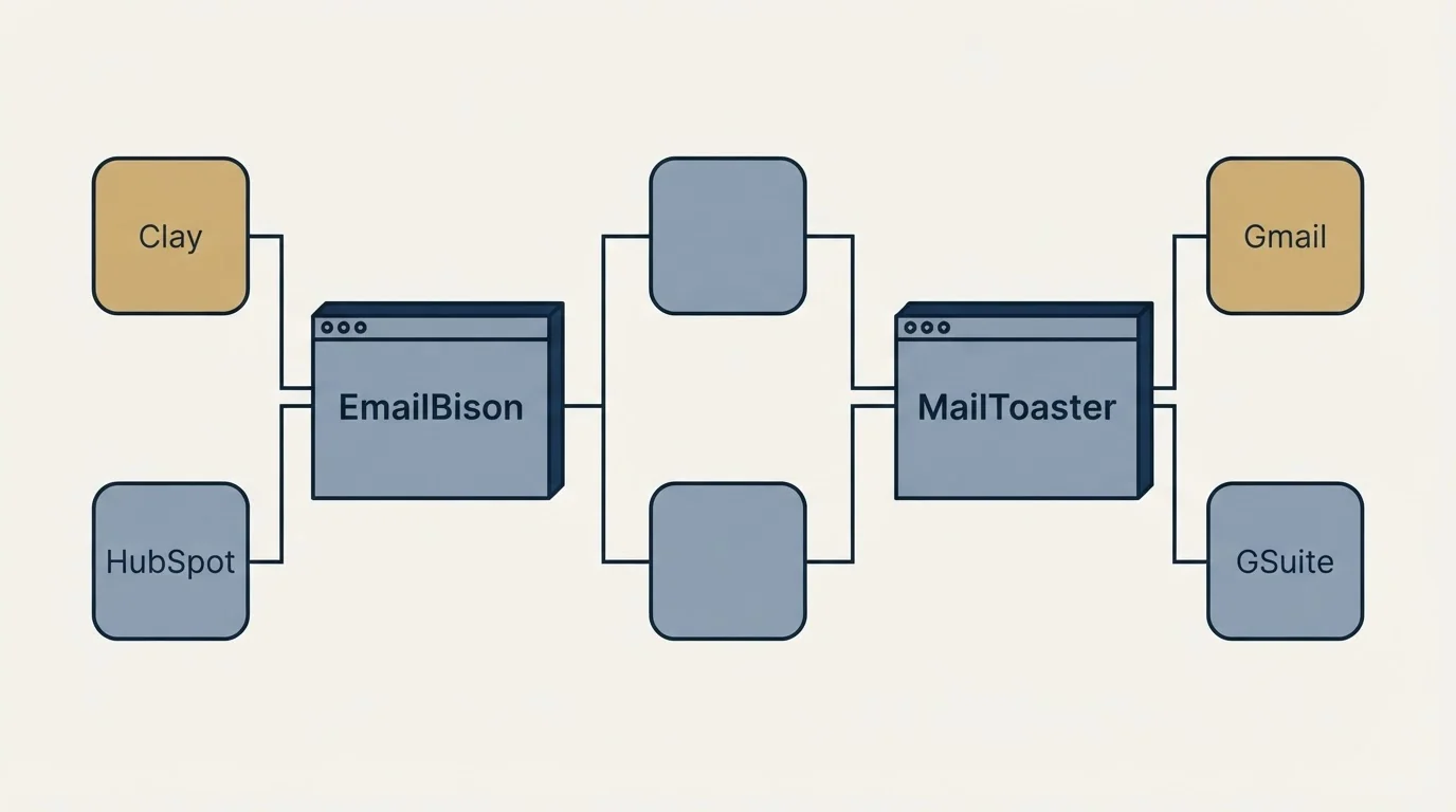 Integration flow: Integration Ecosystem (EmailBison, MailToaster, Clay, Gmail)