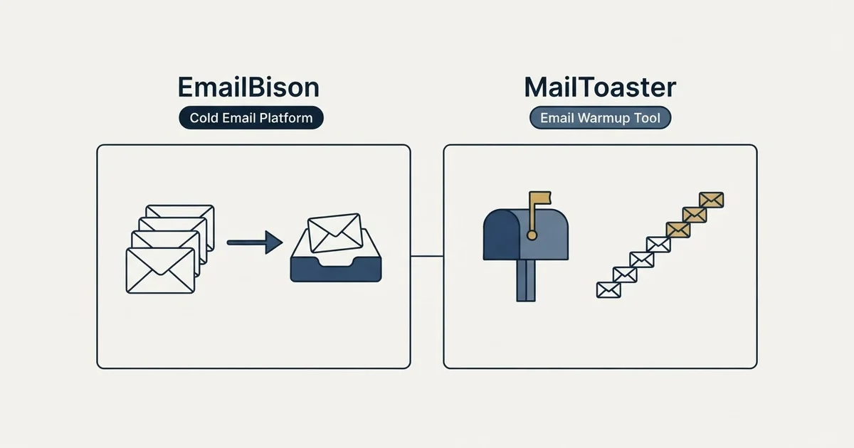 Side-by-side panels: EmailBison vs MailToaster (Cold Email Platform, Email Warmup Tool)