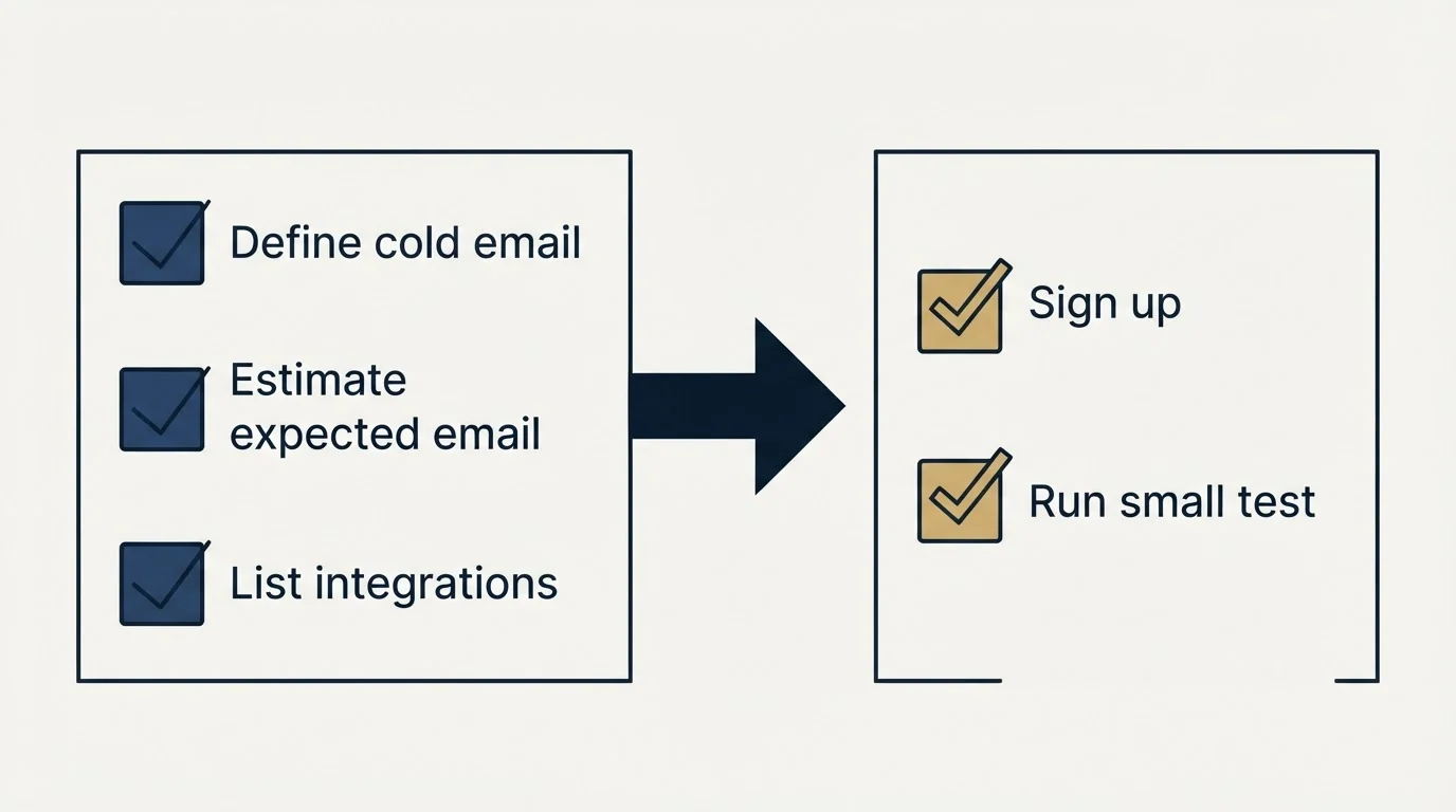 Before-and-after steps: Getting Started Checklist (Define cold email, Estimate expected email, List integrations, Sign up)