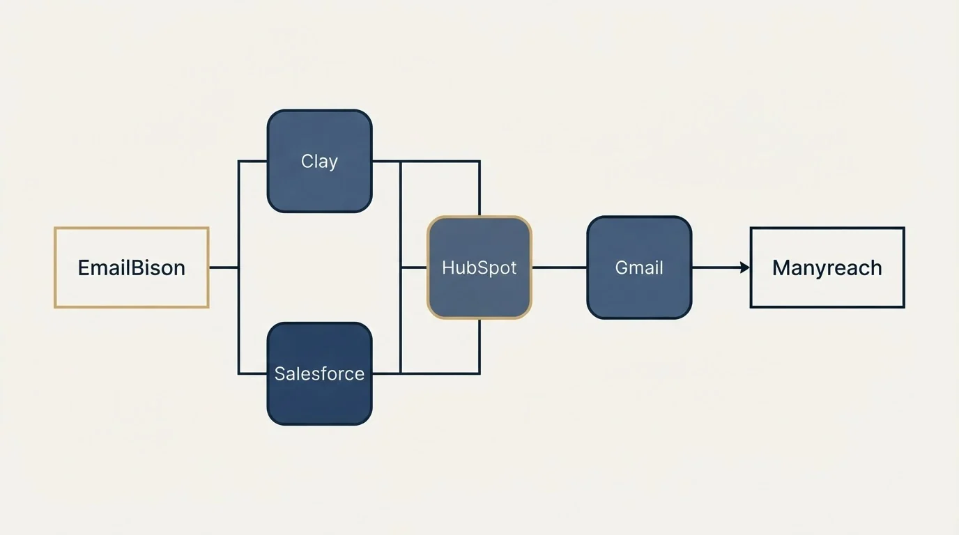 Integration flow: Integration Ecosystem (EmailBison, Manyreach, HubSpot, Clay)