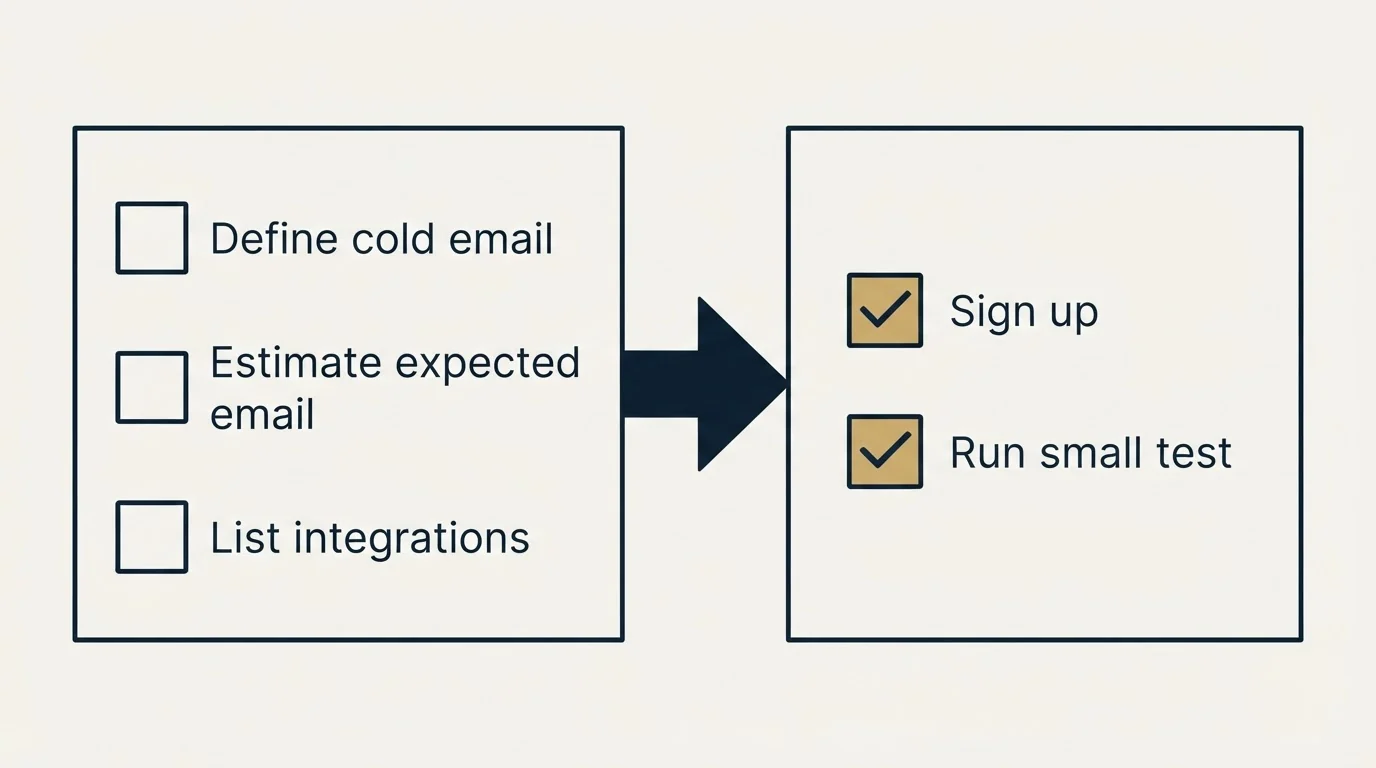 Before-and-after steps: Getting Started Checklist (Define cold email, Estimate expected email, List integrations, Sign up)