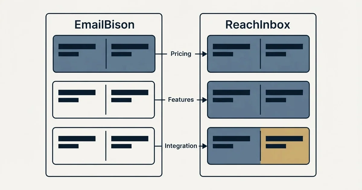 Comparison panel: EmailBison vs ReachInbox (Pricing, Features, Integration)