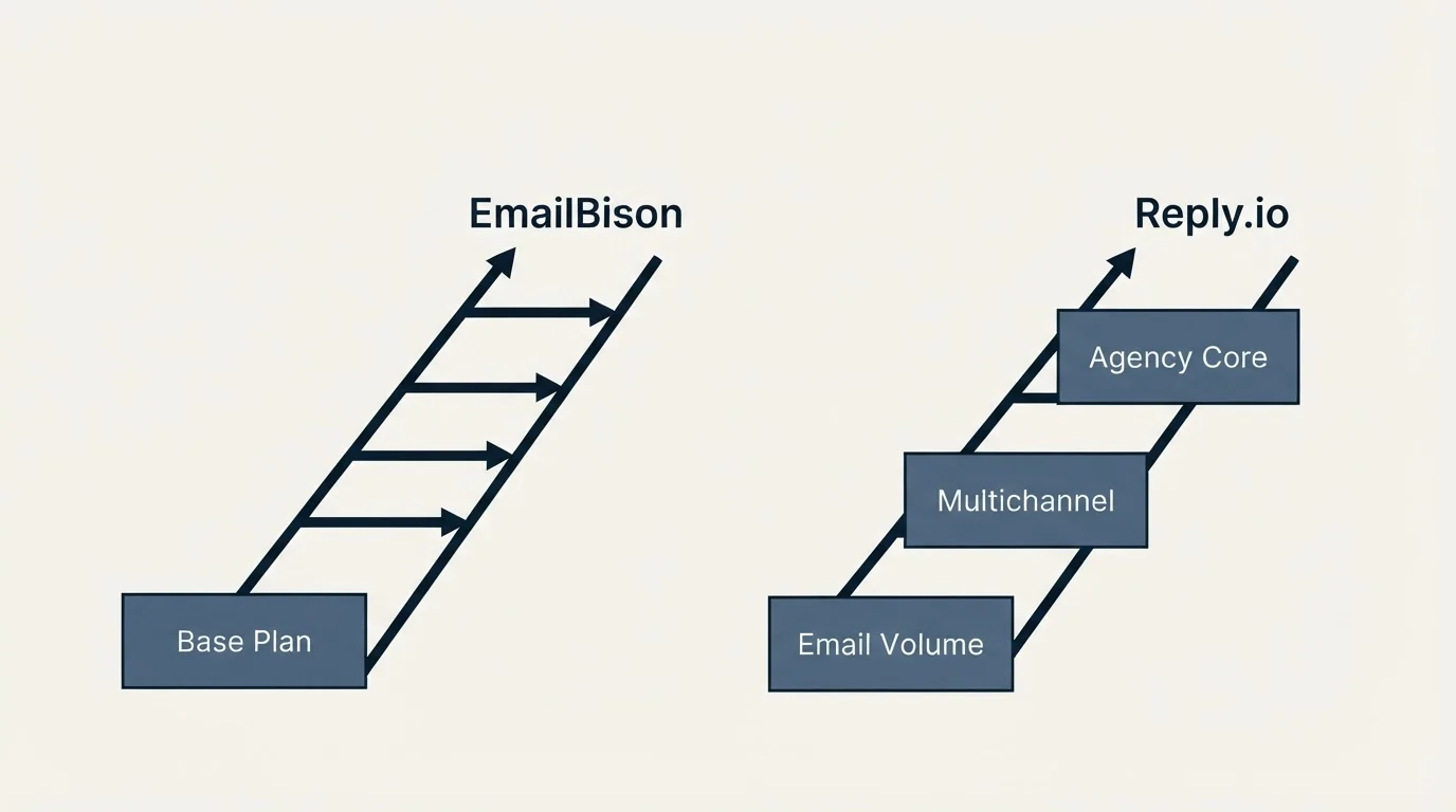 Pricing ladder: Pricing Comparison (EmailBison, Reply.io, Base Plan, Email Volume)