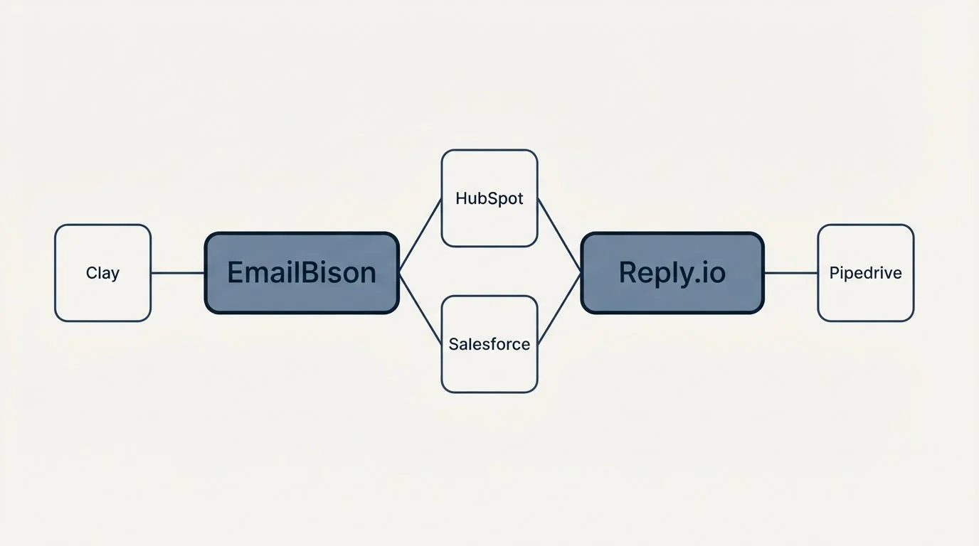 Integration schematic: Integration Ecosystem (EmailBison, Reply.io, HubSpot, Salesforce)