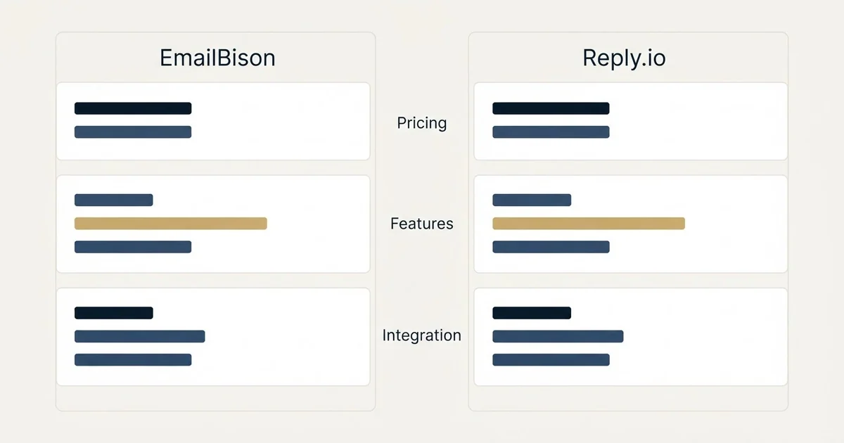 Comparison panel: EmailBison vs Reply.io (Pricing, Features, Integration)