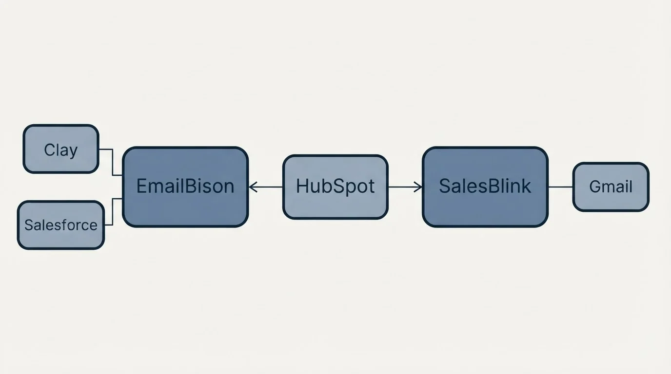 Integration schematic: Integration Ecosystem (EmailBison, SalesBlink, HubSpot, Clay)