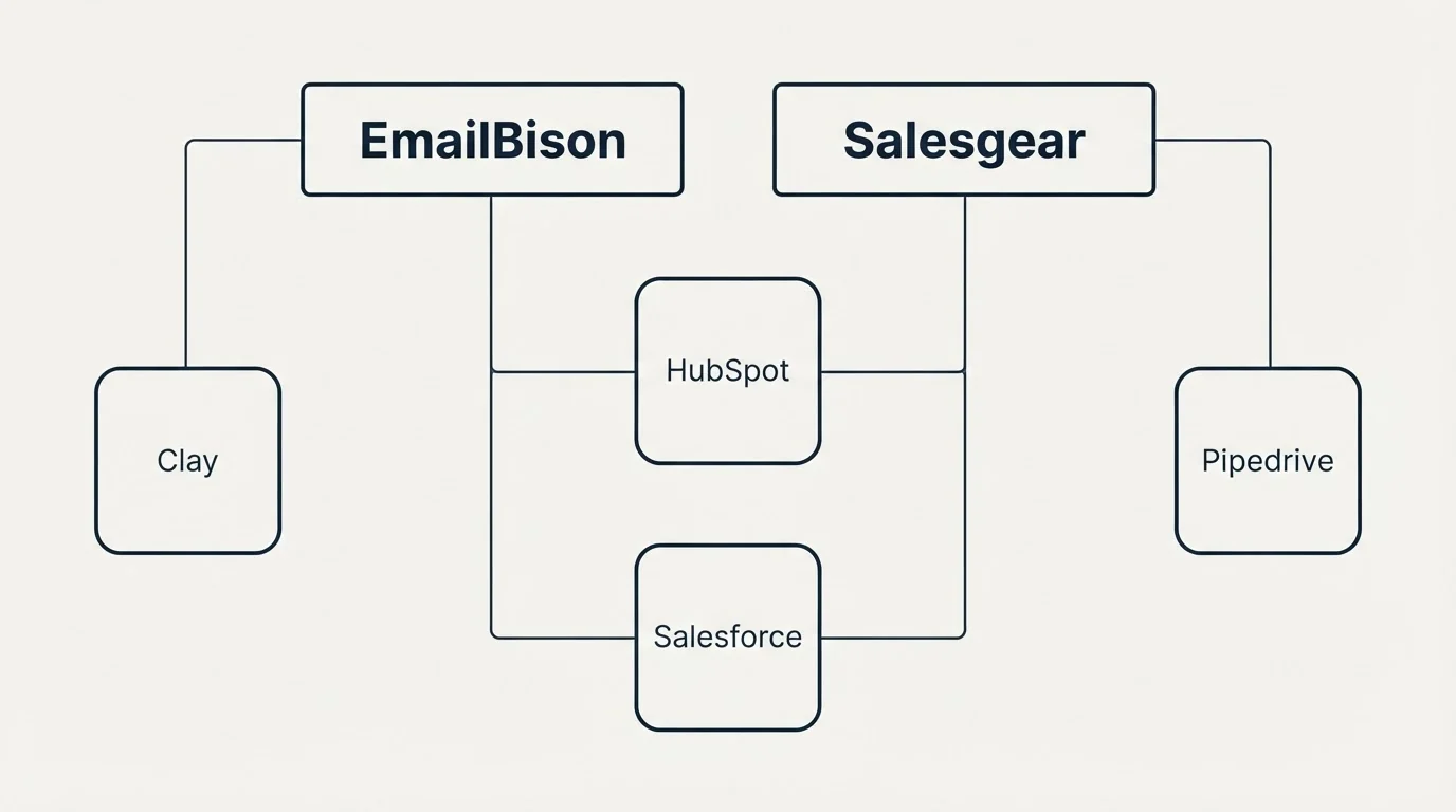 Integration grid: Integration Ecosystem (EmailBison, Salesgear, HubSpot, Salesforce)