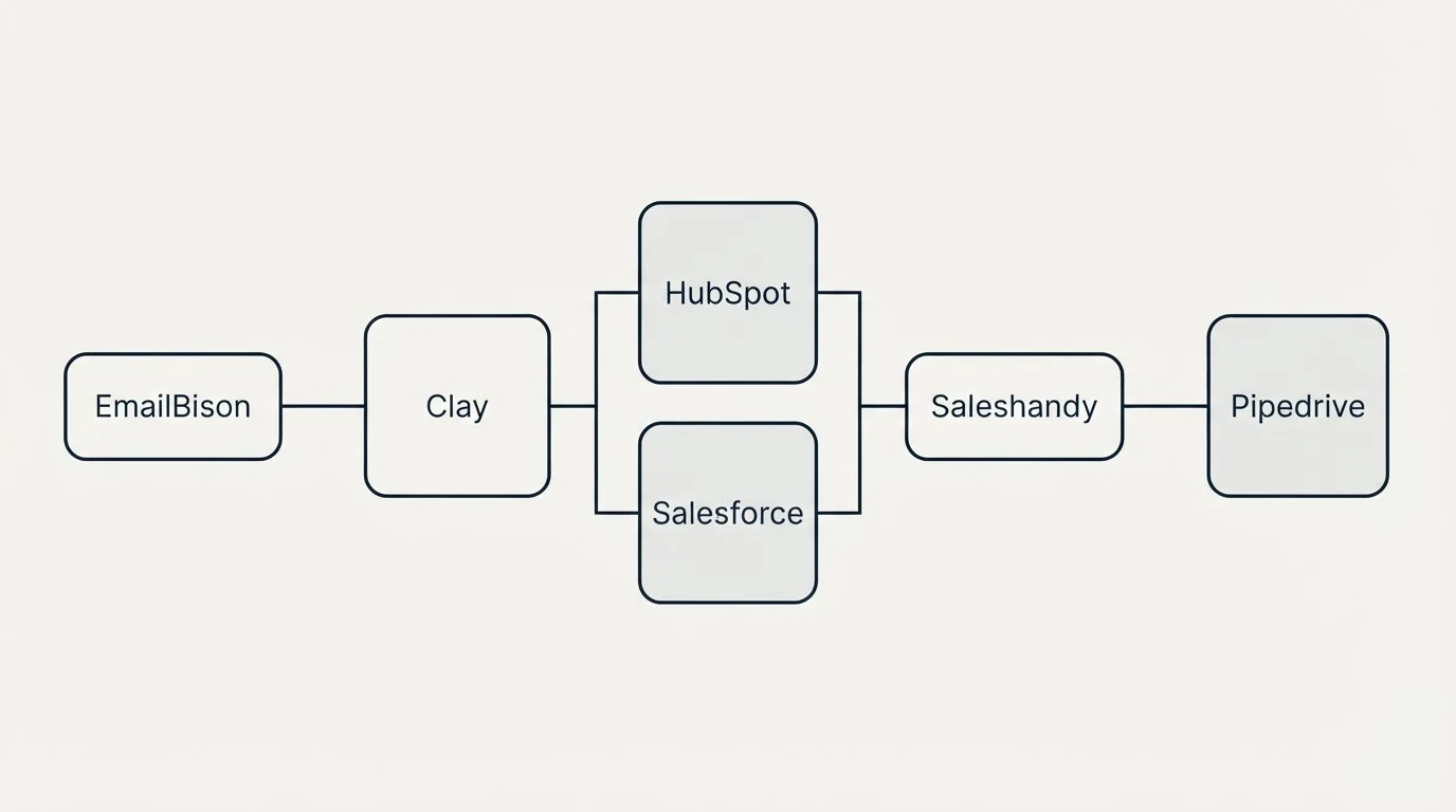 Integration flow: Integration Ecosystem (EmailBison, Saleshandy, HubSpot, Salesforce)