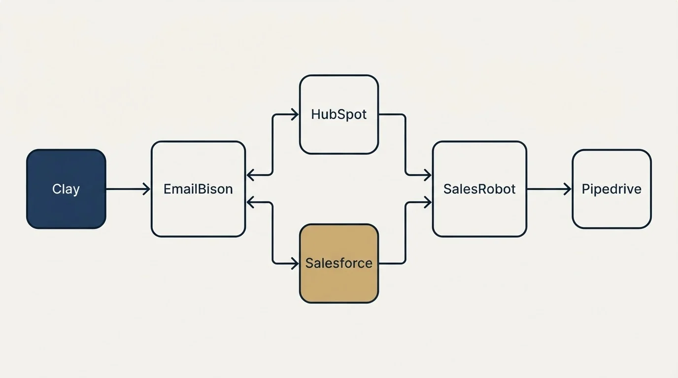 Integration flow: Integration Ecosystem (EmailBison, SalesRobot, HubSpot, Salesforce)