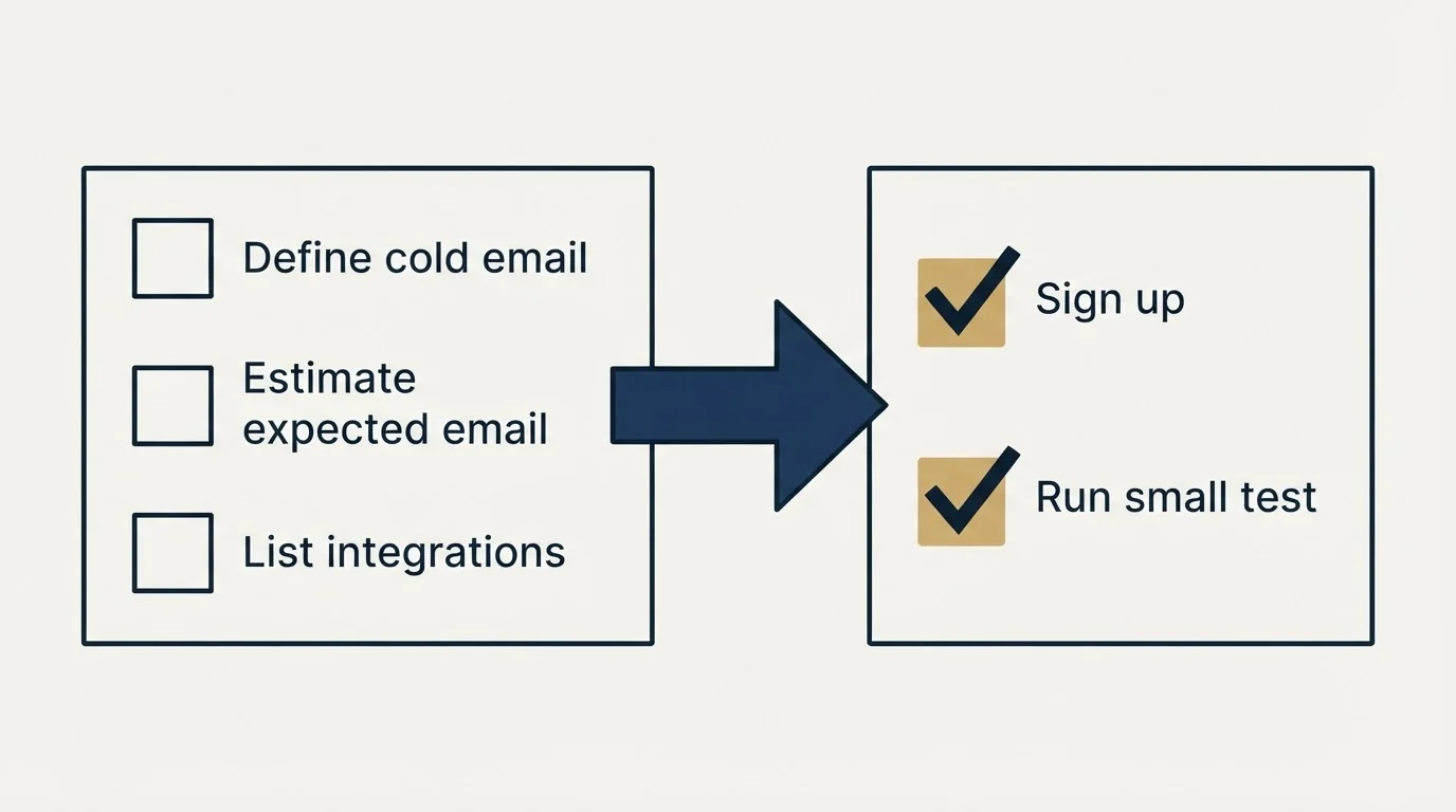Before-and-after steps: Getting Started Checklist (Define cold email, Estimate expected email, List integrations, Sign up)