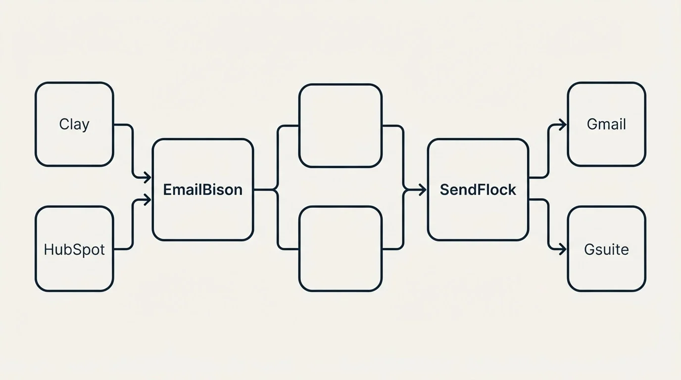 Integration schematic: Integration Ecosystem (EmailBison, SendFlock, Clay, Gmail)