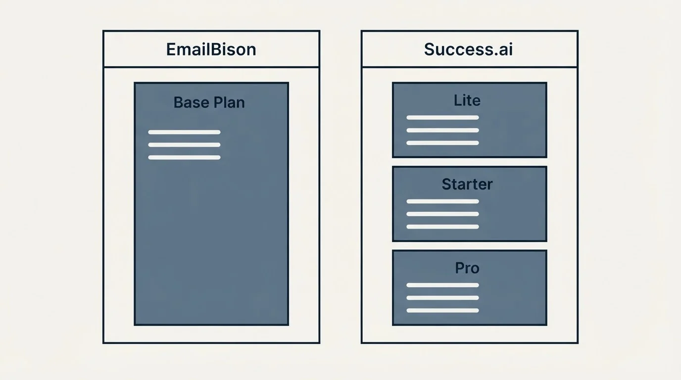 Pricing panels: Pricing Comparison (EmailBison, Success.ai, Base Plan, Lite)