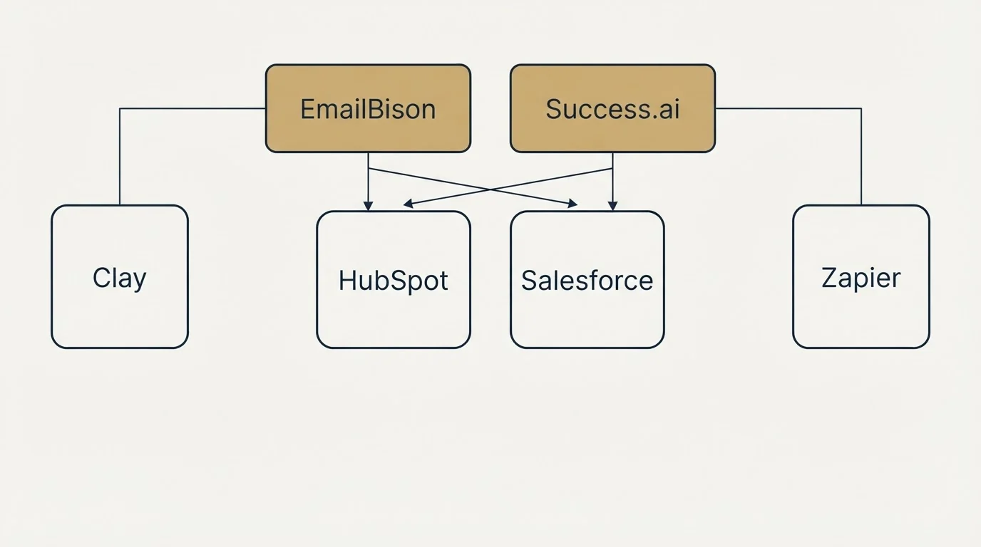 Integration grid: Integration Ecosystem (EmailBison, Success.ai, HubSpot, Salesforce)