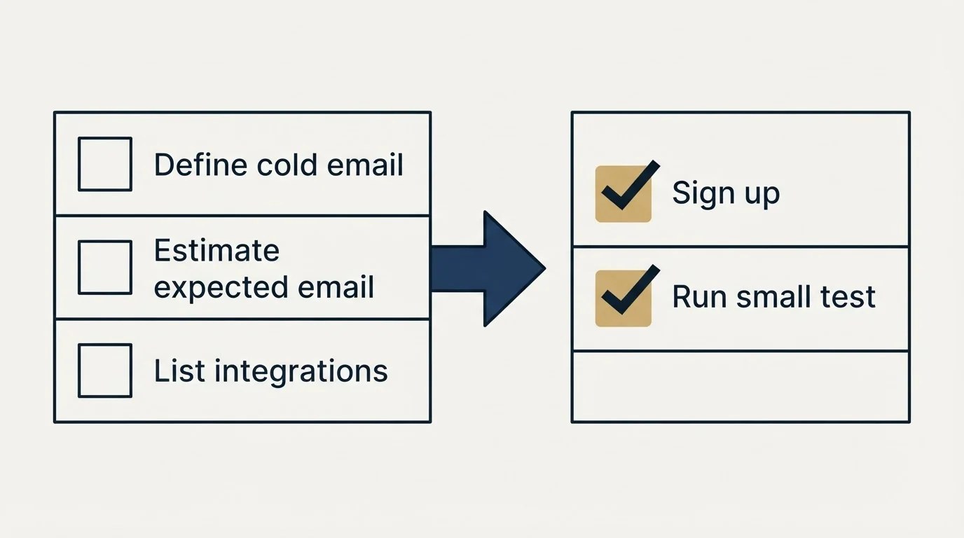 Before-and-after steps: Getting Started Checklist (Define cold email, Estimate expected email, List integrations, Sign up)