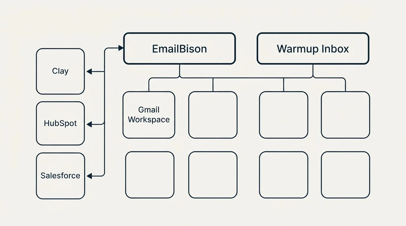 Integration grid: Integration Ecosystem (EmailBison, Warmup Inbox, Clay, Gmail Workspace)
