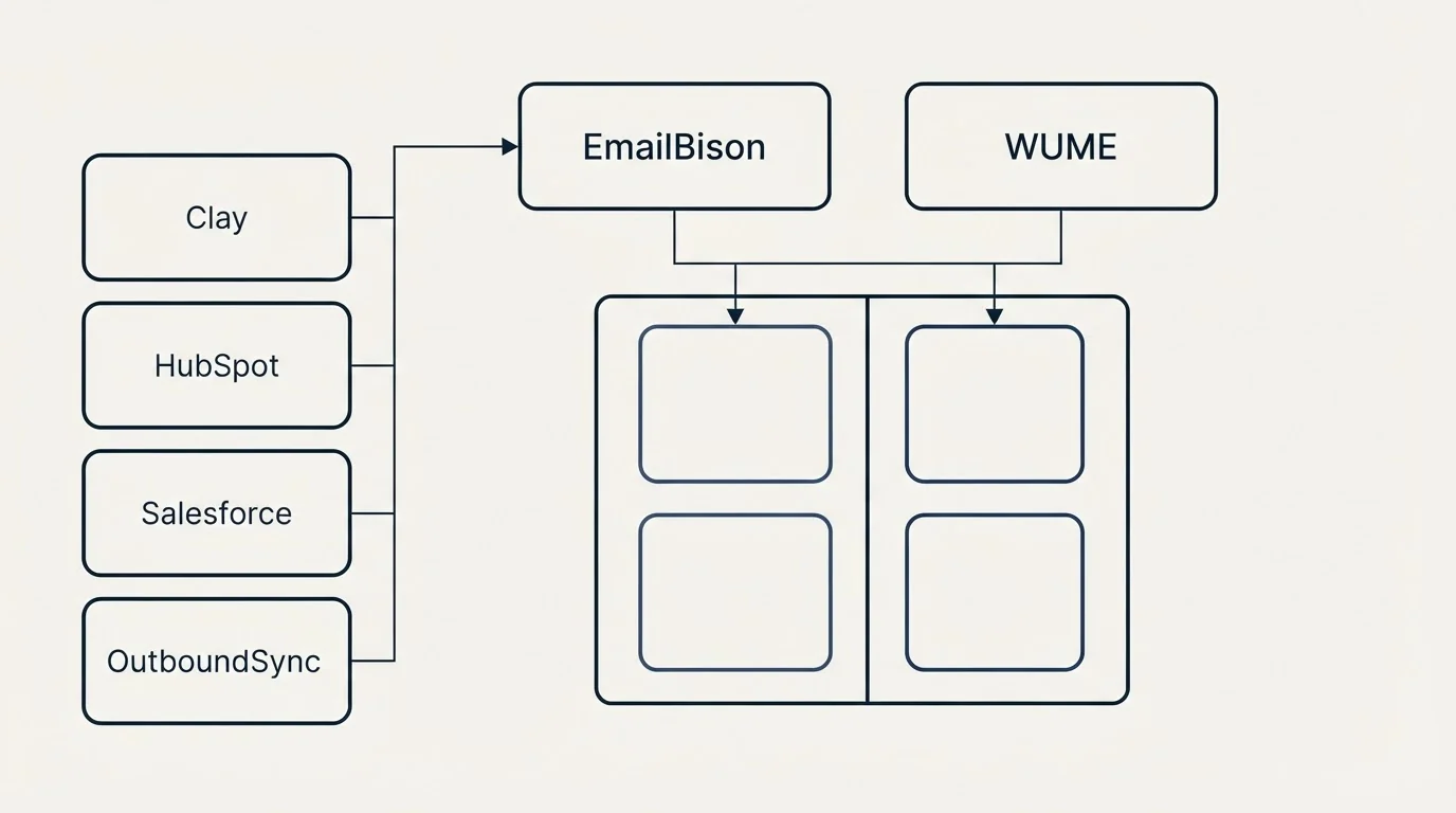 Integration grid: Integration Ecosystem (EmailBison, WUME, Clay, HubSpot)