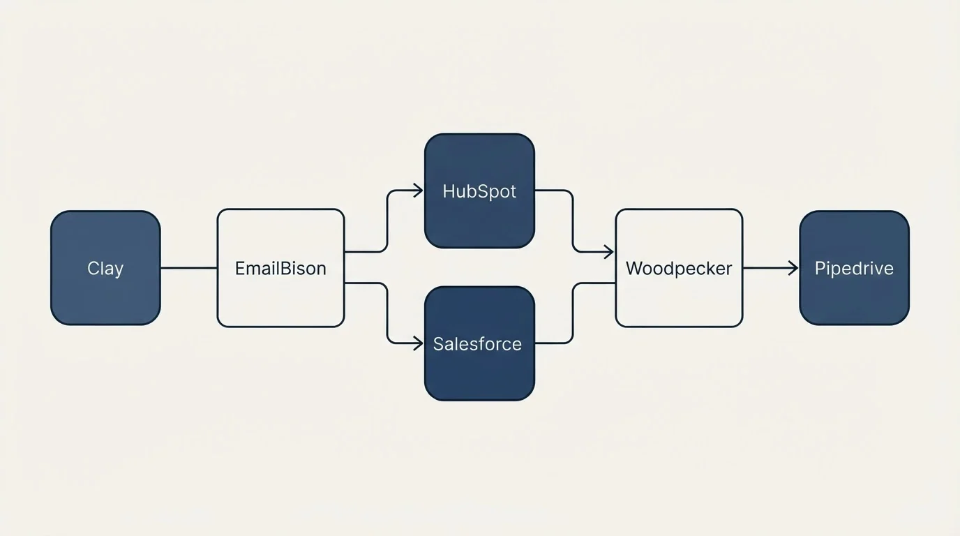 Integration schematic: Integration Ecosystem (EmailBison, Woodpecker, HubSpot, Salesforce)