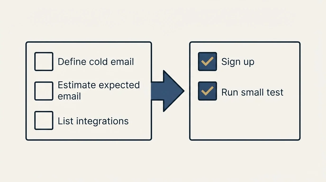 Before-and-after steps: Getting Started Checklist (Define cold email, Estimate expected email, List integrations, Sign up)
