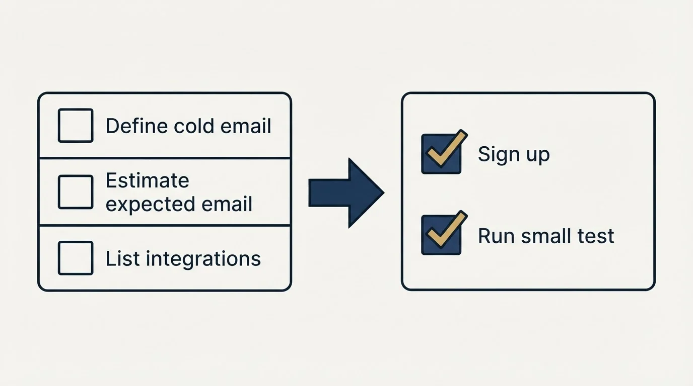 Before-and-after steps: Getting Started Checklist (Define cold email, Estimate expected email, List integrations, Sign up)