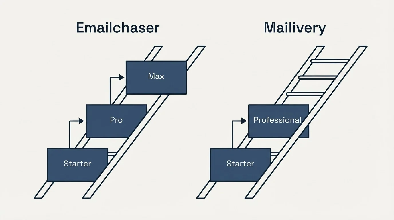 Pricing ladder: Pricing Comparison (Emailchaser, Mailivery, Starter, Pro)