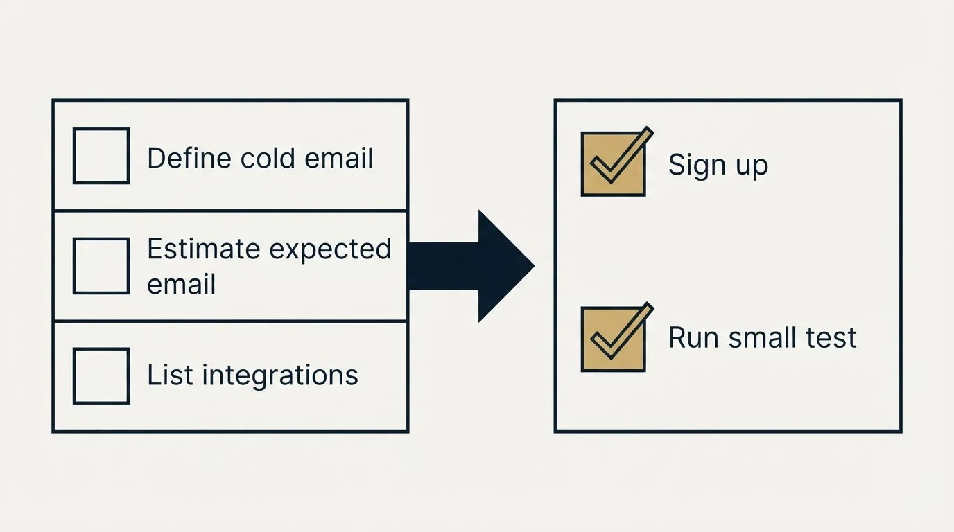 Before-and-after steps: Getting Started Checklist (Define cold email, Estimate expected email, List integrations, Sign up)