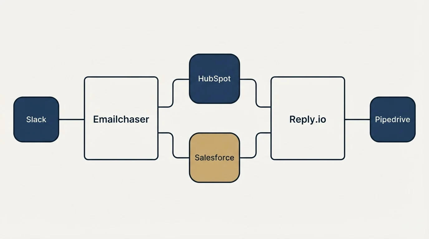 Integration schematic: Integration Ecosystem (Emailchaser, Reply.io, HubSpot, Salesforce)