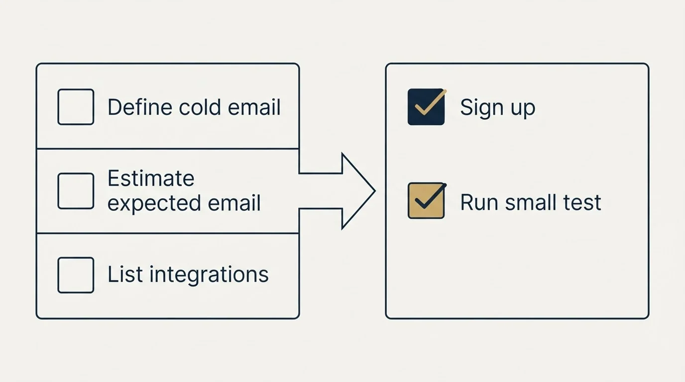 Before-and-after steps: Getting Started Checklist (Define cold email, Estimate expected email, List integrations, Sign up)