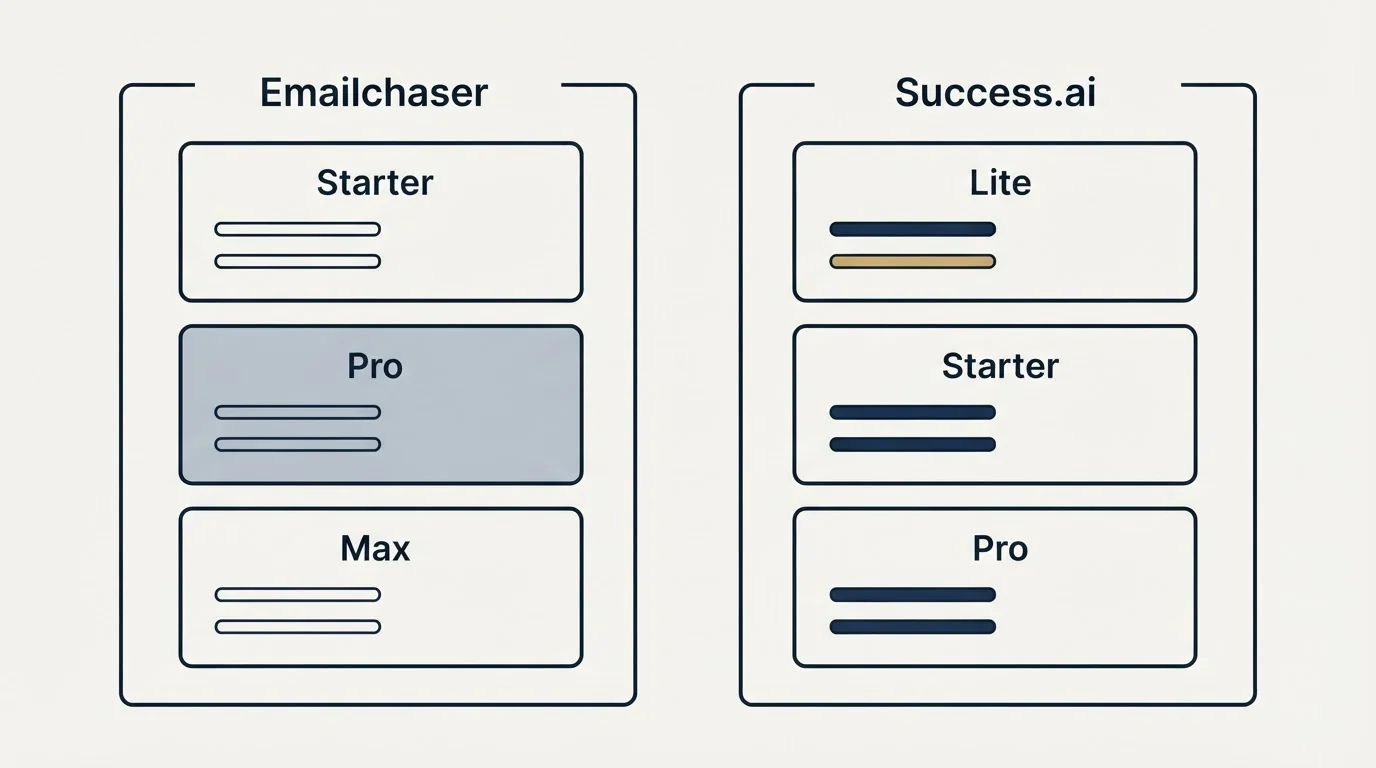 Pricing panels: Pricing Comparison (Emailchaser, Success.ai, Starter, Lite)