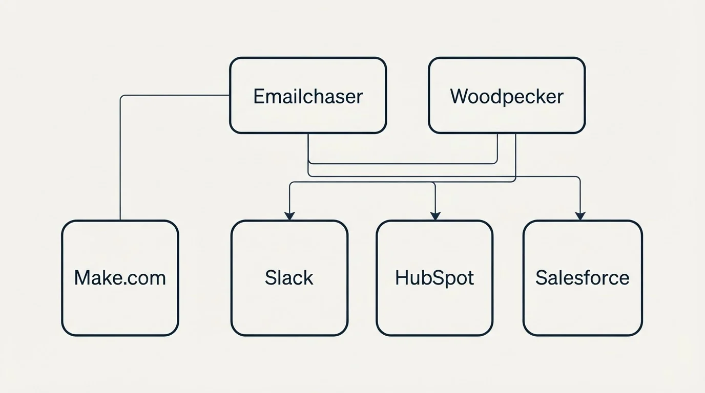 Integration grid: Integration Ecosystem (Emailchaser, Woodpecker, Slack, HubSpot)