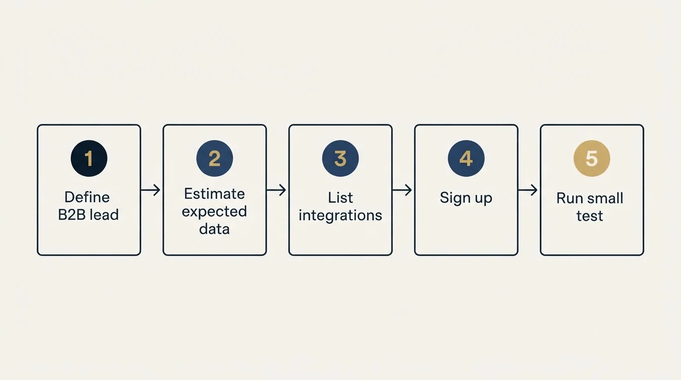 Step sequence: Getting Started Checklist (Define B2B lead, Estimate expected data, List integrations, Sign up)