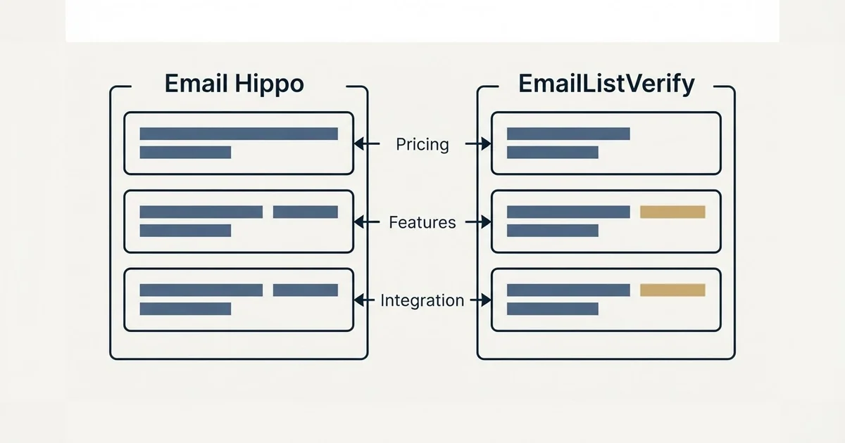 Comparison panel: Email Hippo vs EmailListVerify (Pricing, Features, Integration)