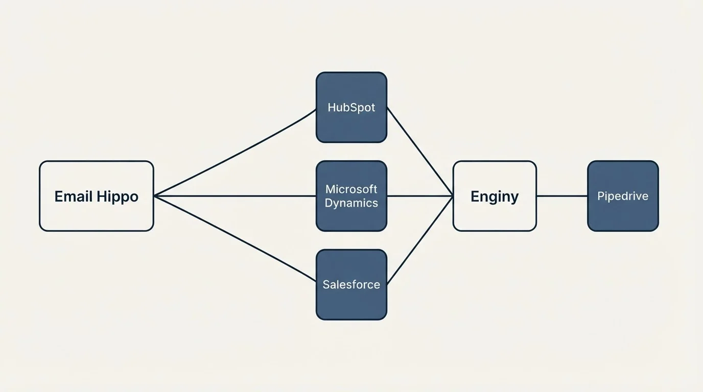 Integration schematic: Integration Ecosystem (Email Hippo, Enginy, HubSpot, Microsoft Dynamics)