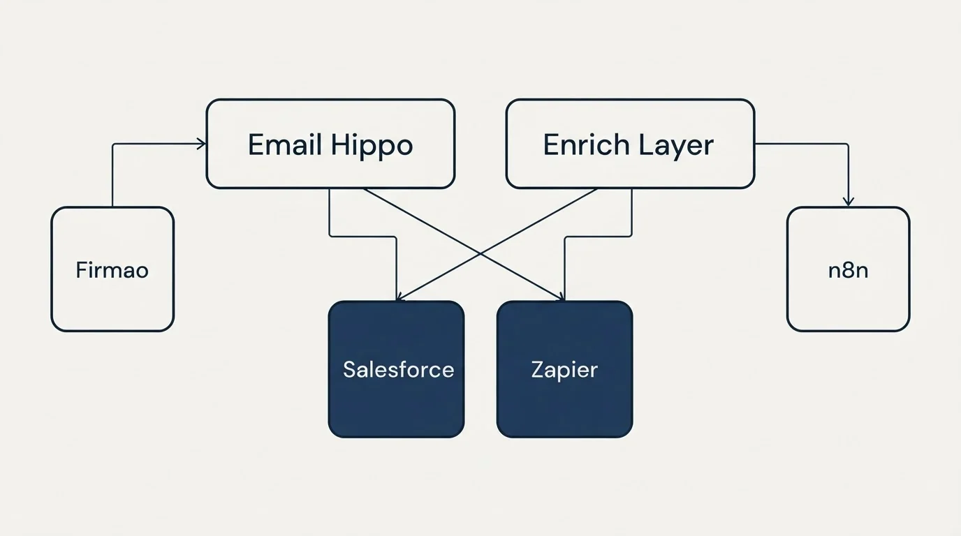 Integration grid: Integration Ecosystem (Email Hippo, Enrich Layer, Salesforce, Zapier)