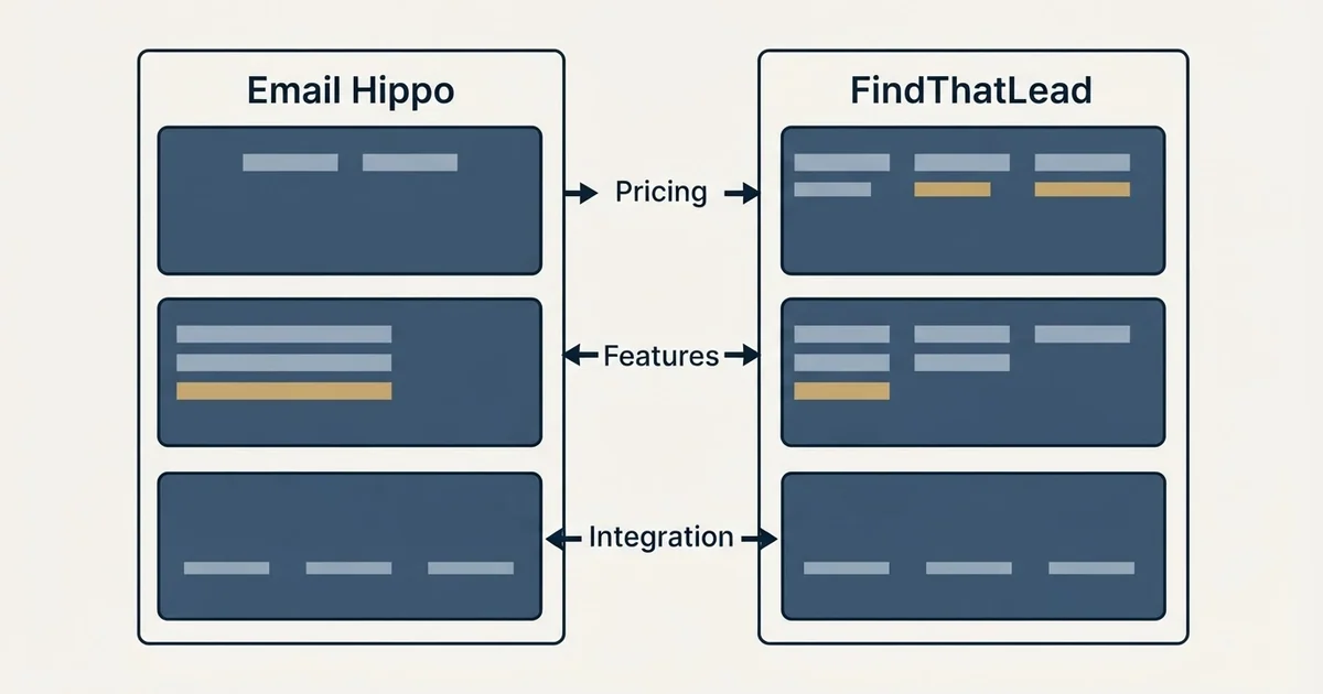 Comparison panel: Email Hippo vs FindThatLead (Pricing, Features, Integration)