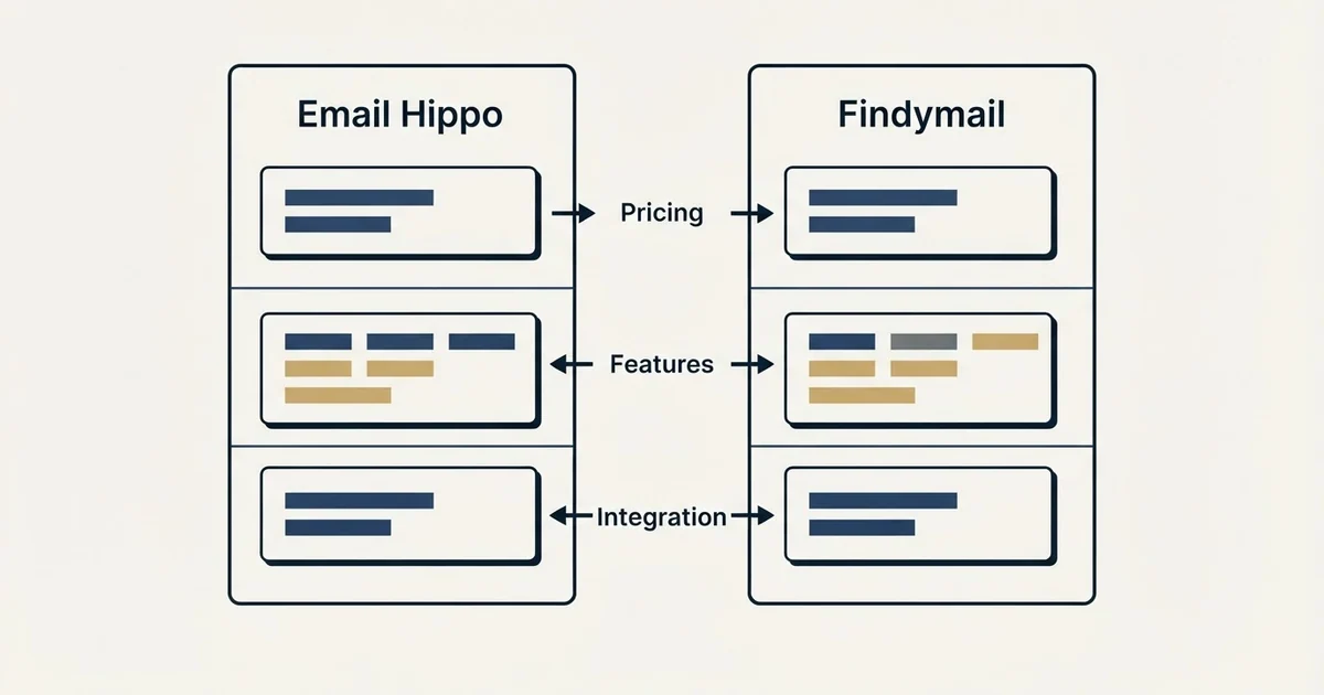 Comparison panel: Email Hippo vs Findymail (Pricing, Features, Integration)
