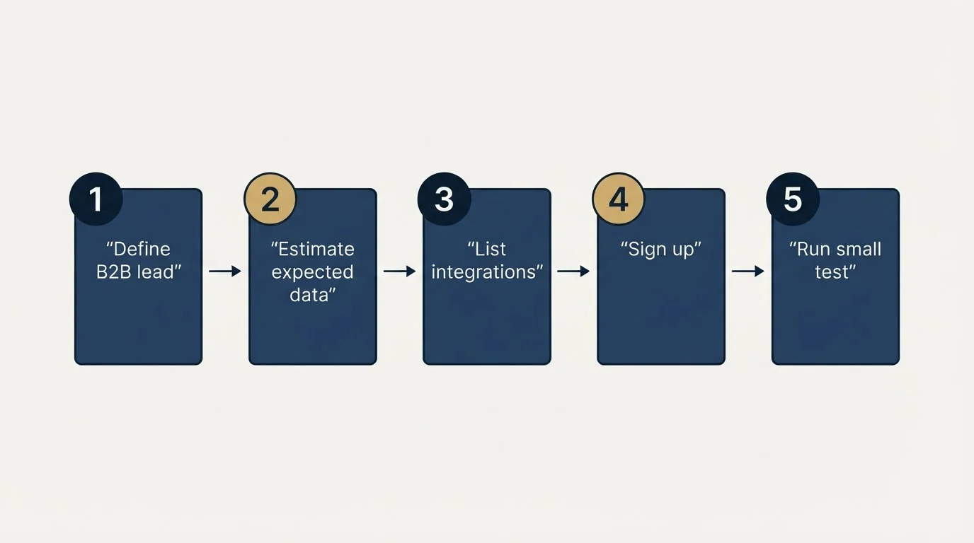 Step sequence: Getting Started Checklist (Define B2B lead, Estimate expected data, List integrations, Sign up)