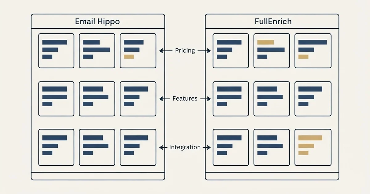 Comparison panel: Email Hippo vs FullEnrich (Pricing, Features, Integration)
