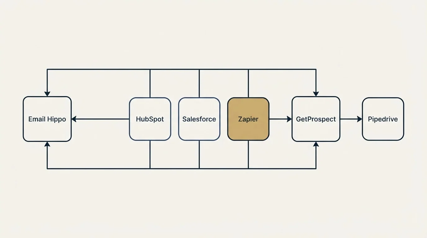 Integration schematic: Integration Ecosystem (Email Hippo, GetProspect, HubSpot, Salesforce)