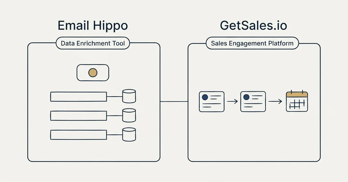 Side-by-side panels: Email Hippo vs GetSales.io (Data Enrichment Tool, Sales Engagement Platform)