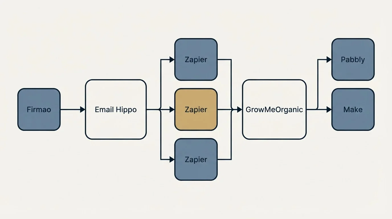 Integration flow: Integration Ecosystem (Email Hippo, GrowMeOrganic, Zapier, Pabbly)